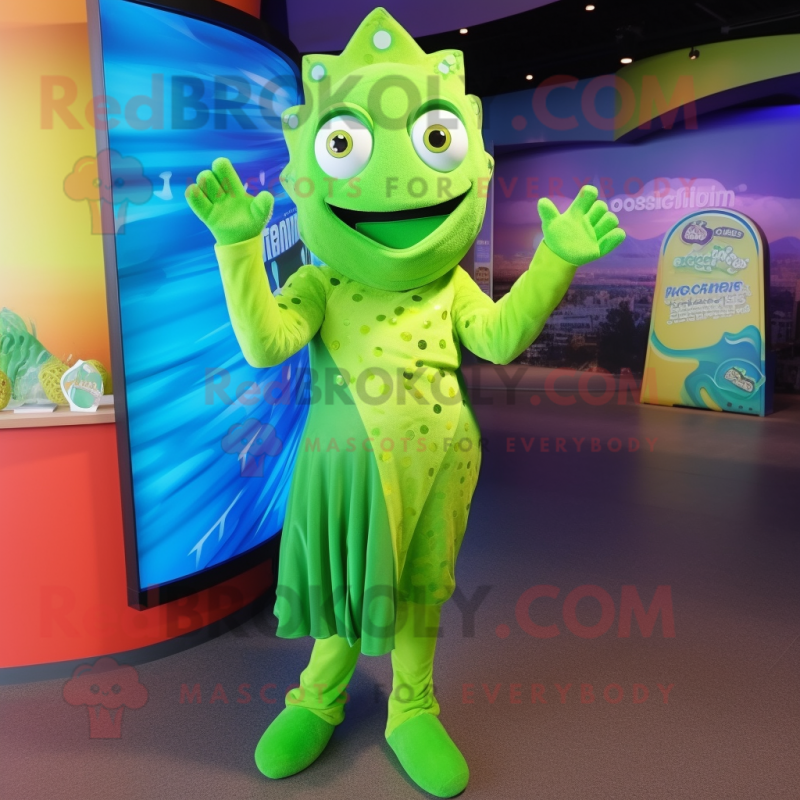 Lime Green Mermaid mascot costume character dressed with a Graphic Tee and Wraps Lime Green Mermaid mascot costume character dressed with a Graphic Tee and Wraps