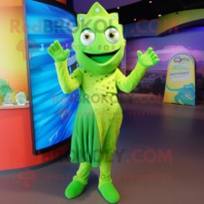 Lime Green Mermaid mascot costume character dressed with a Graphic Tee and Wraps