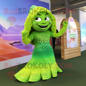 Lime Green Mermaid mascot costume character dressed with a Graphic Tee and Wraps