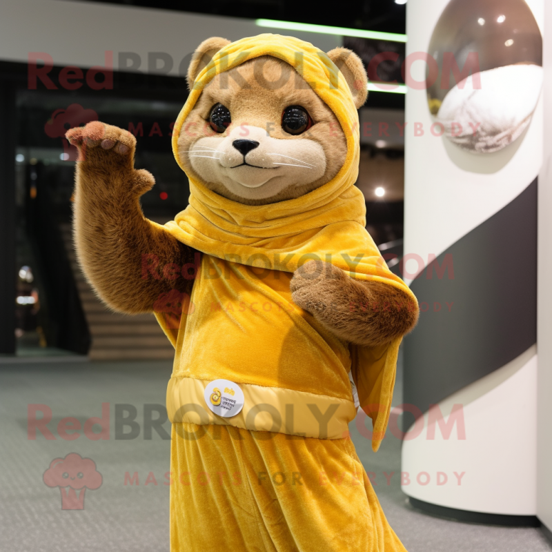 Gold Mongoose mascot costume character dressed with a Wrap Skirt and Gloves