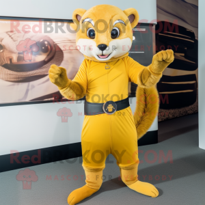 Gold Mongoose mascot costume character dressed with a Wrap Skirt and Gloves