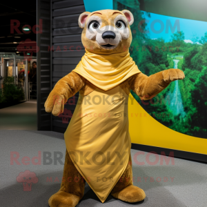 Gold Mongoose mascot costume character dressed with a Wrap Skirt and Gloves