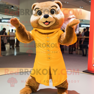 Gold Mongoose mascot costume character dressed with a Wrap Skirt and Gloves