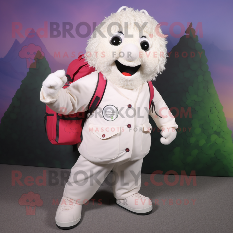 White Raspberry mascot costume character dressed with a Coat and Backpacks White Raspberry mascot costume character dressed with a Coat and Backpacks