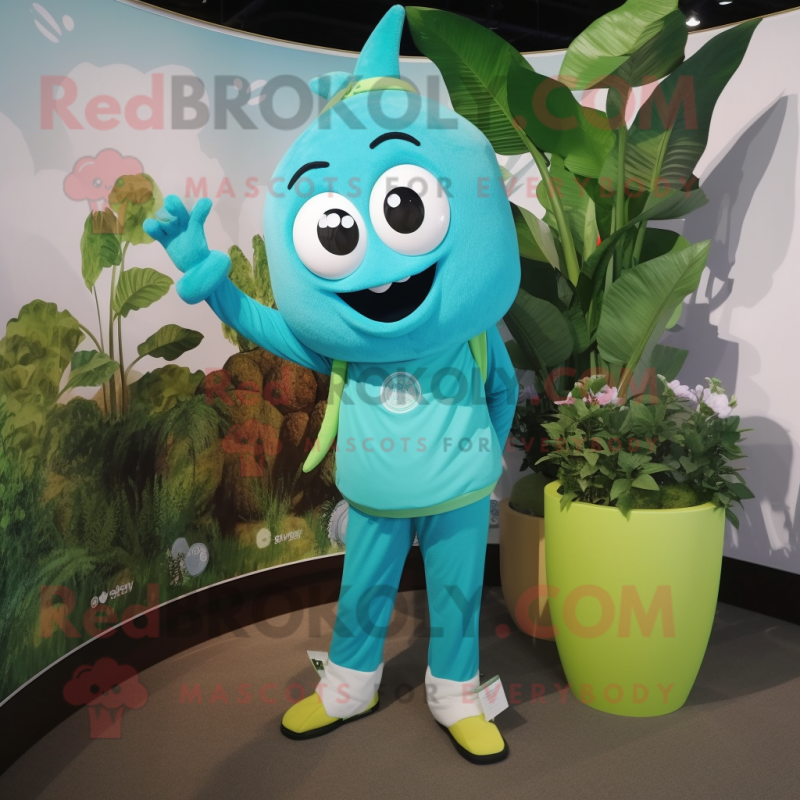 Turquoise Beanstalk mascot costume character dressed with a Polo Shirt and Watches Turquoise Beanstalk mascot costume character dressed with a Polo Shirt and Watches