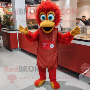 Red Biryani mascot costume character dressed with a Jeggings and Mittens