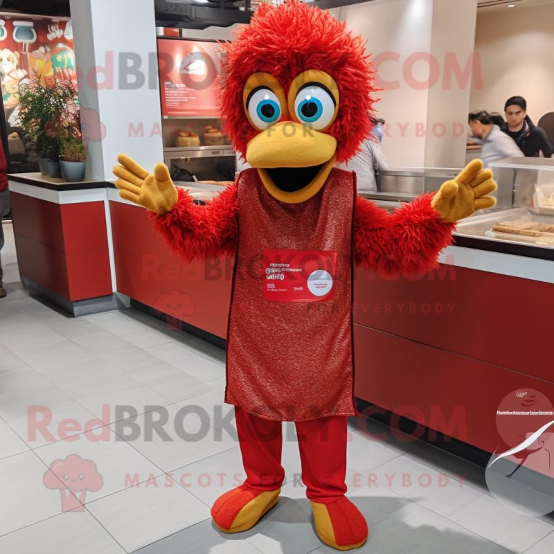 Red Biryani mascot costume character dressed with a Jeggings and Mittens