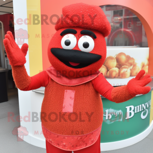 Red Biryani mascot costume character dressed with a Jeggings and Mittens