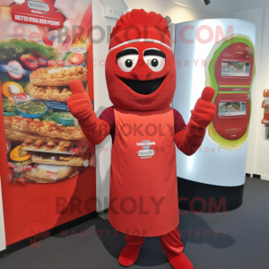 Red Biryani mascot costume character dressed with a Jeggings and Mittens