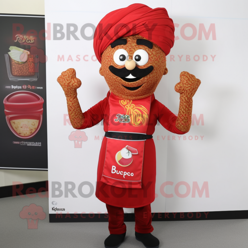 Red Biryani mascot costume character dressed with a Jeggings and Mittens Red Biryani mascot costume character dressed with a Jeggings and Mittens