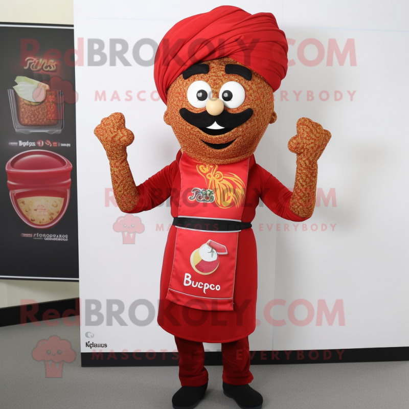 Red Biryani mascot costume character dressed with a Jeggings and Mittens