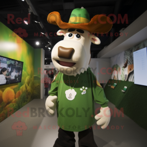 Olive Guernsey Cow mascot costume character dressed with a Graphic Tee and Caps