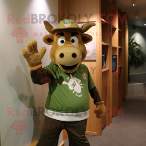 Olive Guernsey Cow mascot costume character dressed with a Graphic Tee and Caps