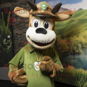 Olive Guernsey Cow mascot costume character dressed with a Graphic Tee and Caps