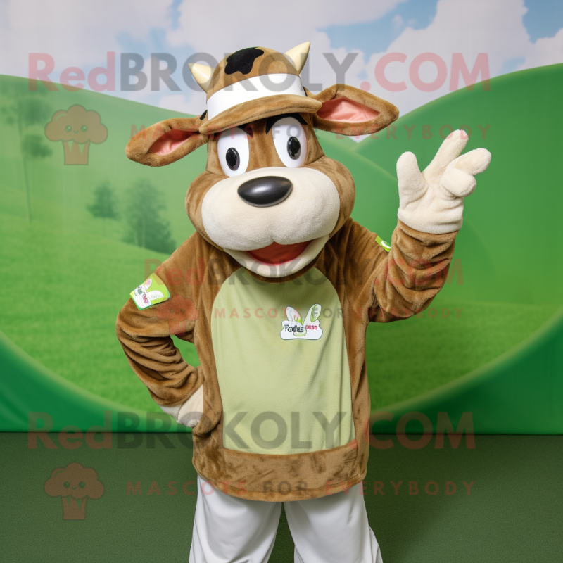 Olive Guernsey Cow mascot costume character dressed with a Graphic Tee and Caps Olive Guernsey Cow mascot costume character dressed with a Graphic Tee and Caps