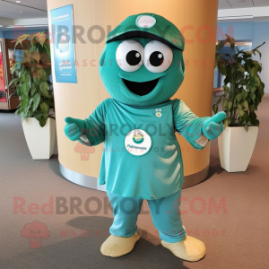 Teal Pesto Pasta mascot costume character dressed with a Polo Shirt and Coin purses