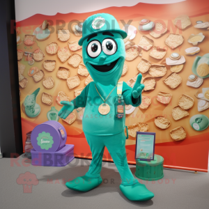Teal Pesto Pasta mascot costume character dressed with a Polo Shirt and Coin purses
