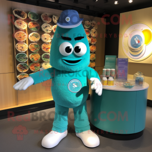 Teal Pesto Pasta mascot costume character dressed with a Polo Shirt and Coin purses