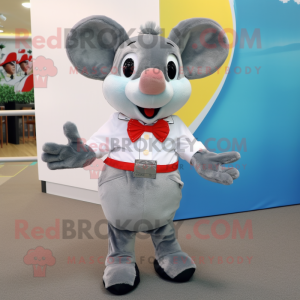 Gray Mouse mascot costume character dressed with a T-Shirt and Bow ties