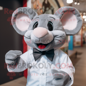 Gray Mouse mascot costume character dressed with a T-Shirt and Bow ties
