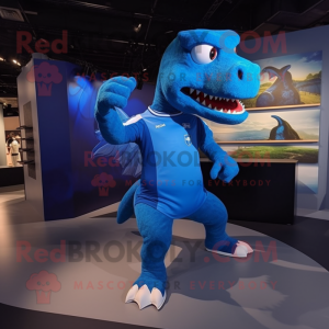 Blue T Rex mascot costume character dressed with a Running Shorts and Shoe laces