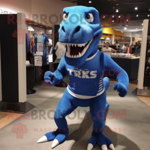 Blue T Rex mascot costume character dressed with a Running Shorts and Shoe laces