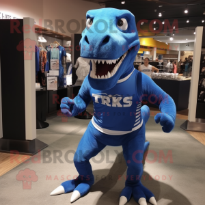 Modrá postava maskota T Rex...