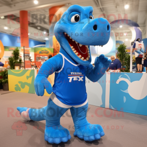 Blue T Rex mascot costume character dressed with a Running Shorts and Shoe laces