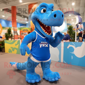 Modrá postava maskota T Rex...