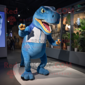 Blue T Rex mascot costume character dressed with a Running Shorts and Shoe laces