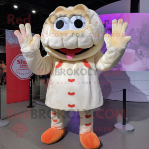 Cream Crab Cakes mascot costume character dressed with a Bodysuit and Mittens