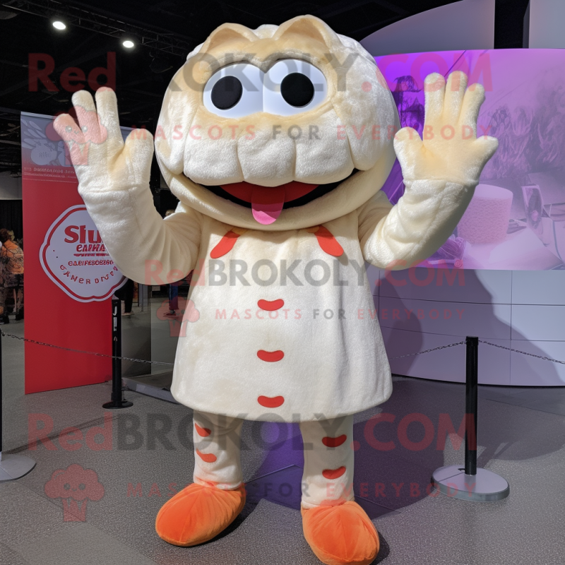 Cream Crab Cakes mascot costume character dressed with a Bodysuit and Mittens