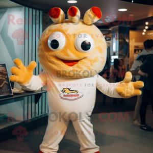 Cream Crab Cakes mascot costume character dressed with a Bodysuit and Mittens