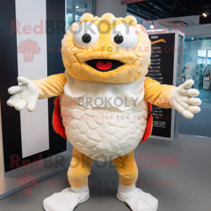 Cream Crab Cakes mascot costume character dressed with a Bodysuit and Mittens