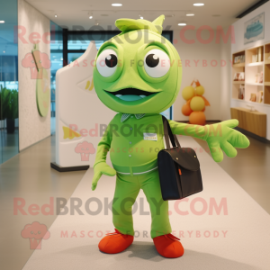 Green Goldfish mascot costume character dressed with a Chinos and Clutch bags