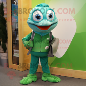 Green Goldfish mascot costume character dressed with a Chinos and Clutch bags