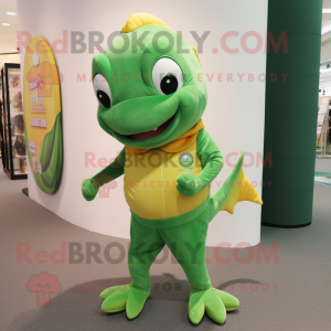 Green Goldfish mascot costume character dressed with a Chinos and Clutch bags