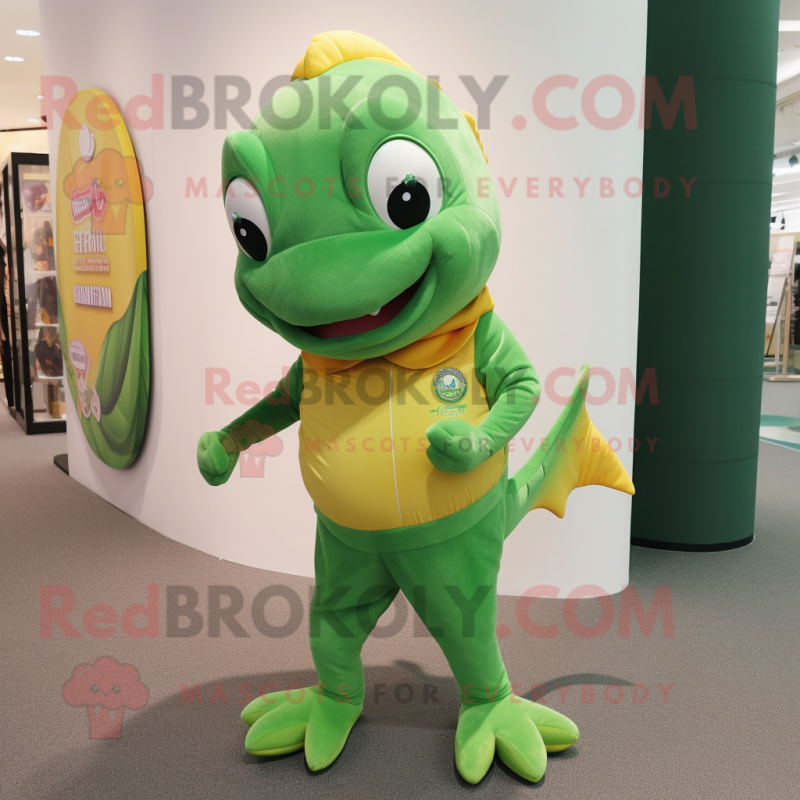 Green Goldfish mascot costume character dressed with a Chinos and Clutch bags Green Goldfish mascot costume character dressed with a Chinos and Clutch bags