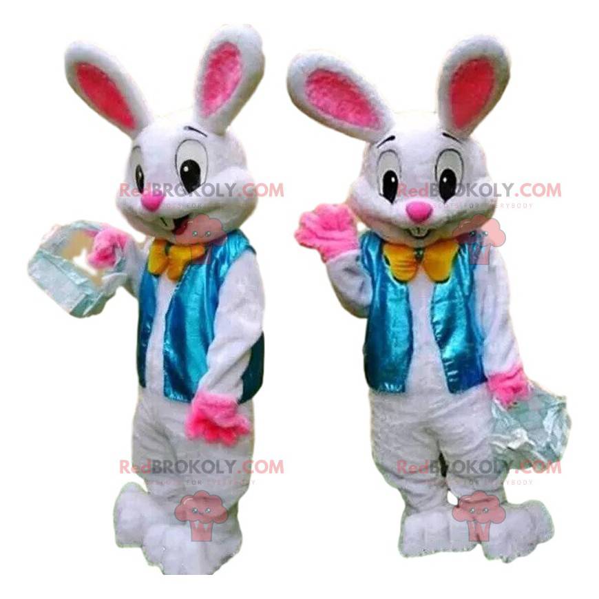Mascotte de lapin élégant avec un gilet bleu, lapin de Pâques -