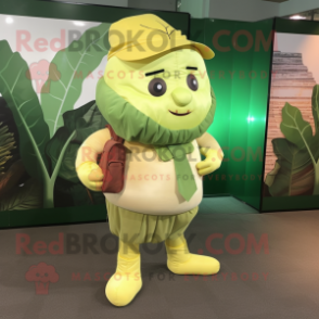 Lemon Yellow Cabbage Leaf mascot costume character dressed with a Corduroy Pants and Messenger bags