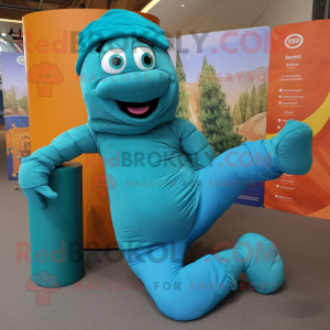 Turquoise Contortionist mascot costume character dressed with a Cargo Pants and Foot pads