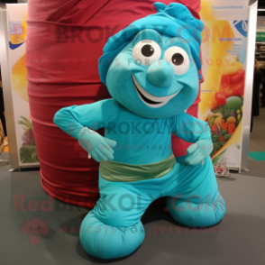 Turquoise Contortionist mascot costume character dressed with a Cargo Pants and Foot pads