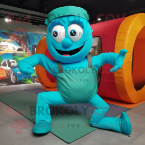 Turquoise Contortionist mascot costume character dressed with a Cargo Pants and Foot pads