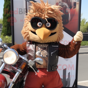 Brown Chicken Parmesan mascot costume character dressed with a Biker Jacket and Hair clips