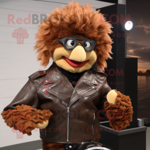 Brown Chicken Parmesan mascot costume character dressed with a Biker Jacket and Hair clips