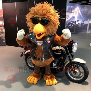 Brown Chicken Parmesan mascot costume character dressed with a Biker Jacket and Hair clips