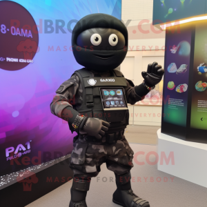 Black Para Commando mascot costume character dressed with a Dress and Smartwatches