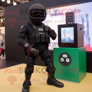 Black Para Commando mascot costume character dressed with a Dress and Smartwatches