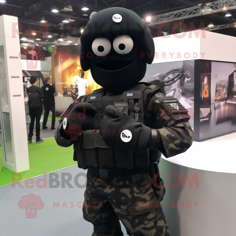 Black Para Commando mascot costume character dressed with a Dress and Smartwatches