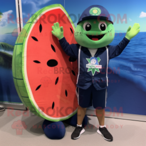 Navy Watermelon mascot costume character dressed with a Board Shorts and Keychains